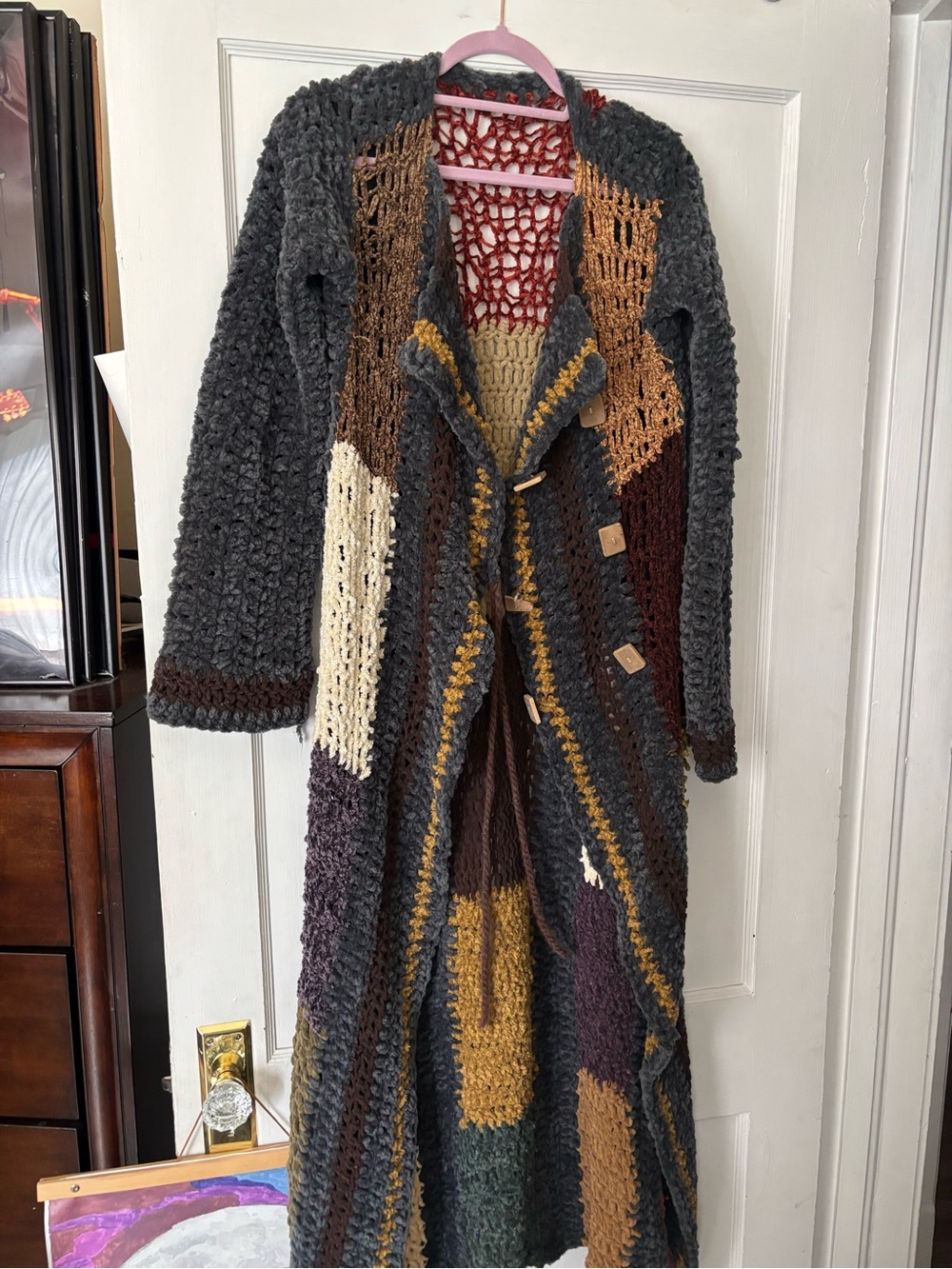 Chunky Patchwork Long Crochet Cardigan Sweater - Gray Mix